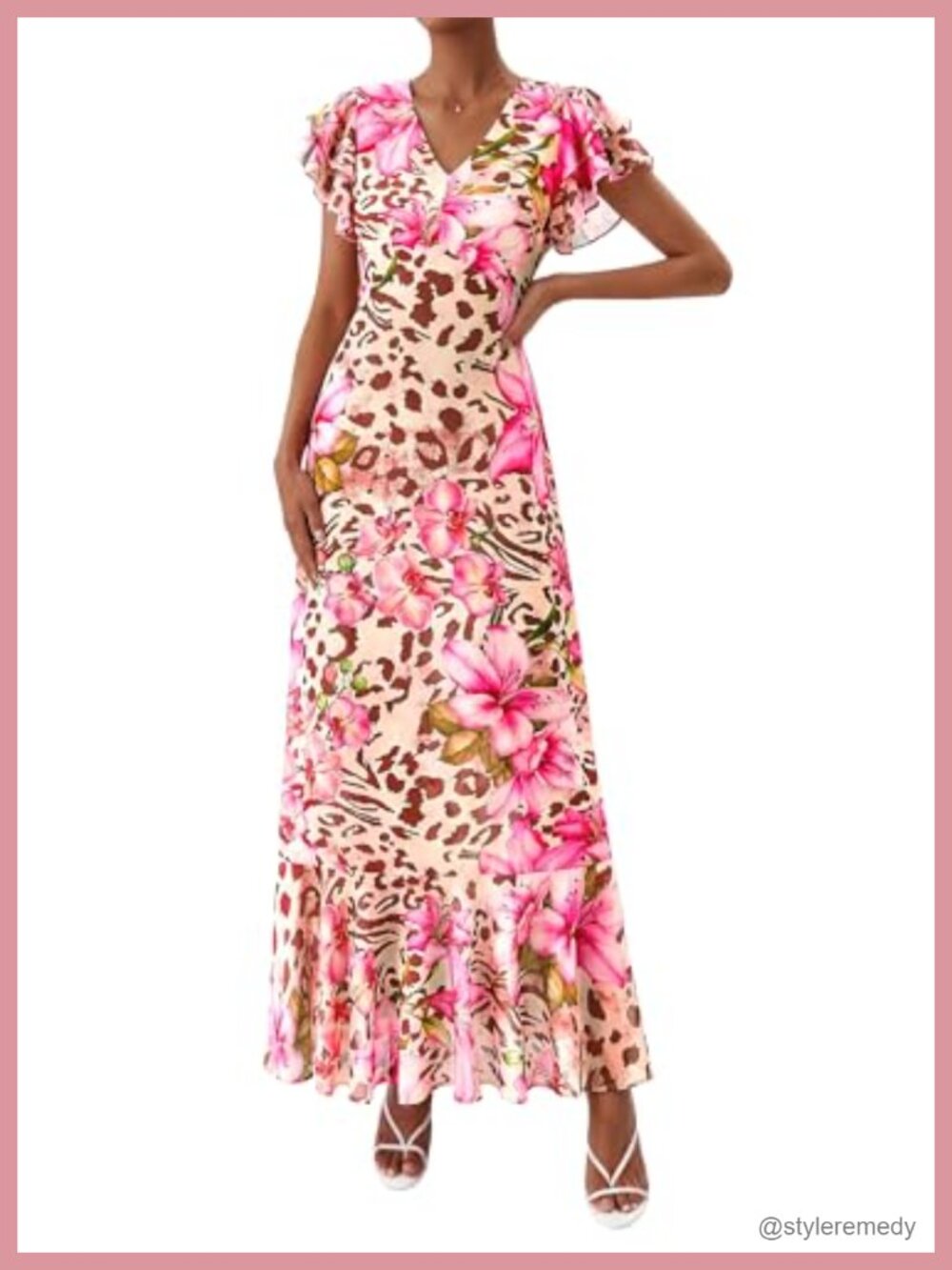 Womens Summer Boho Floral Maxi Dress Ruffle Sleeve V-Neck Beach Vacation